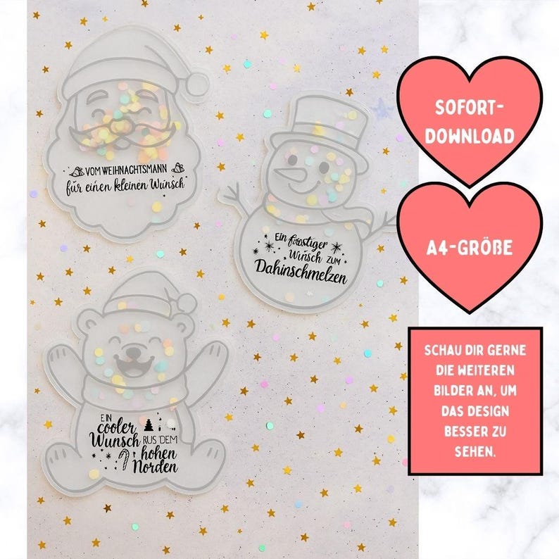 A collection of Christmas-themed shaker cards featuring Santa Claus, a snowman, and a bear, each with a festive design and text. The shaker cards are filled with glitter and surrounded by gold stars and confetti.