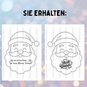 May include: Two Santa Claus face cutouts with text. One says "Vom Weihnachtsmann f&uuml;r einen kleinen Wunsch" and the other says "Beste W&uuml;nsche!". The cutouts are gray with a white background. The text "SIE ERHALTEN:" is at the top.