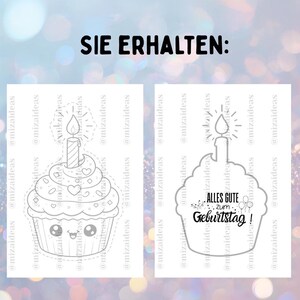 May include: Two cupcake-shaped designs with a birthday theme. One is a line drawing of a cupcake with a lit candle, hearts, and a smiling face. The other says "Alles Gute zum Geburtstag!" in black script.