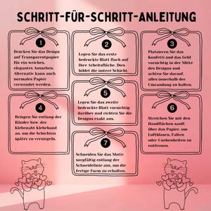 May include: A German step-by-step guide for a craft project, with numbered instructions in framed boxes. The image features bow illustrations and a cat holding hearts. The text is in German.
