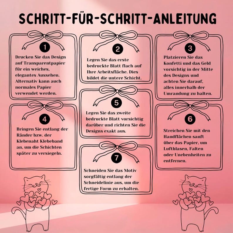 May include: A German step-by-step guide for a craft project, with numbered instructions in framed boxes. The image features bow illustrations and a cat holding hearts. The text is in German.