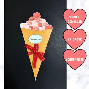 May include: A handmade paper bouquet of pink and red roses in a yellow cone, tied with a red ribbon. The bouquet has a blue oval sticker with the text "Ich liebe dich". The image also includes three pink heart-shaped graphics with German text.