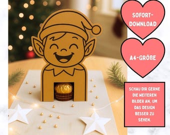Druckvorlage Tischdekoidee Weihnachten | Verpackungsidee Rocher Kleinigkeit zur Weihnachtsfeier Geschenkidee PDF | Rentier Wichtel | Elf