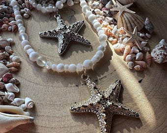 Handmade large chunky rhinestone starfish beaded necklace
