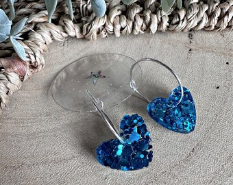 Handmade Turquoise Blue glitter heart resin earrings- Hoop OR ear wires!