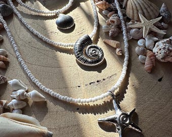 Handmade white and silver beach themed beaded charm necklace