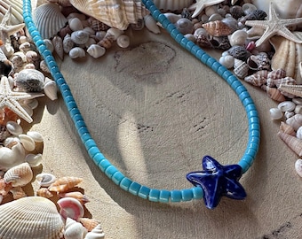 Handmade beach bright ceramic starfish charm beaded necklace