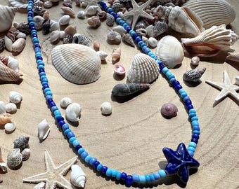 Handmade beach bright ceramic starfish charm beaded necklace