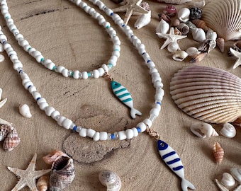 Handmade white and blue beach theme fish charm beaded necklace