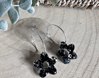 Handmade black and silver glitter daisy resin earrings- Hoop OR ear wires!
