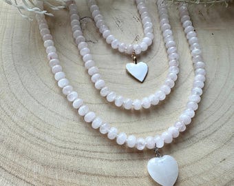 Handmade Rose Quartz chunky natural stone necklace with or without heart charms