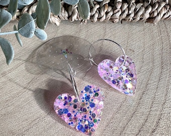 Handmade baby pink glitter heart resin earrings- Hoop OR ear wires!