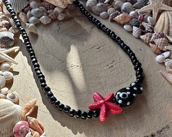 Handmade beach bright ceramic starfish charm beaded necklace