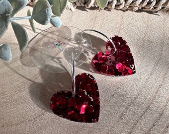 Handmade red glitter heart resin earrings- Hoop OR ear wires!