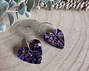 Handmade purple and silver glitter heart resin earrings- Hoop OR ear wires!