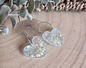 Handmade aqua blue glitter heart resin earrings- Hoop OR ear wires!