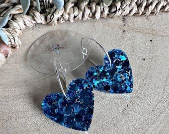 Handmade Turquoise Blue glitter heart resin earrings- Hoop OR ear wires!