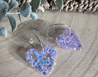 Handmade lilac purple glitter heart resin earrings- Hoop OR ear wires!
