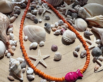 Handmade beach bright pink fish charm beaded necklace