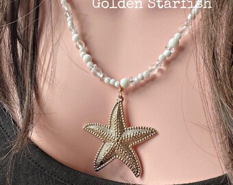 Handmade White and Gold Starfish or Shell Beaded Necklace UK