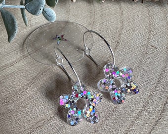 Handmade silver rainbow glitter daisy resin earrings- Hoop OR ear wires!