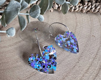 Handmade purple and blue glitter heart resin earrings- Hoop OR ear wires!