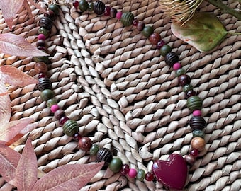 Handmade chunky wood, glass and stone Autumnal necklace with dark red heart