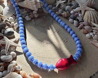 Handmade beach bright red fish charm beaded necklace