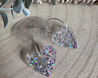 Handmade silver rainbow glitter heart resin earrings- Hoop OR ear wires!