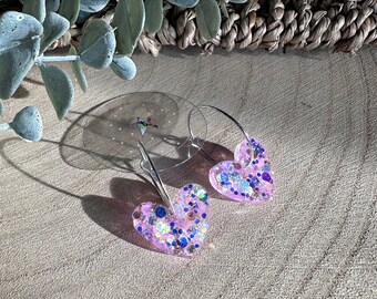 Handmade baby pink glitter heart resin earrings- Hoop OR ear wires!