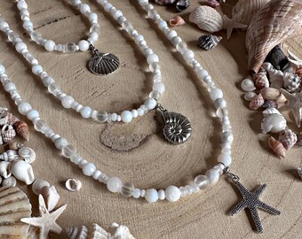 Handmade white and silver beach themed beaded charm necklace