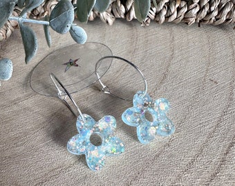 Handmade aqua blue glitter daisy resin earrings- Hoop OR ear wires!