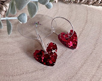 Handmade red glitter heart resin earrings- Hoop OR ear wires!