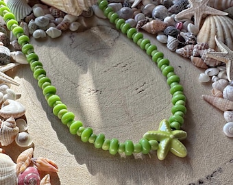 Handmade beach bright ceramic starfish charm beaded necklace