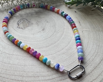 Handmade rainbow chunky natural stone necklace, front fastening with carabiner