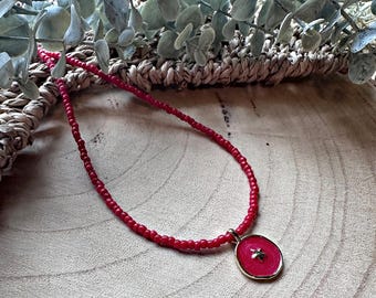 Handmade dark red star charm beaded necklace
