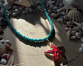 Handmade beach bright enamel starfish charm beaded necklace
