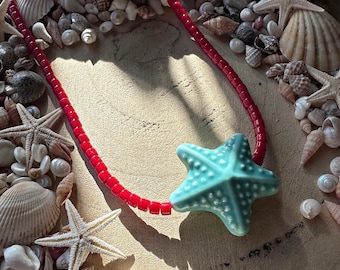 Handmade beach bright chunky ceramic starfish charm beaded necklace