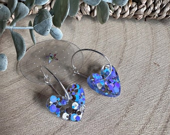 Handmade purple and blue glitter heart resin earrings- Hoop OR ear wires!