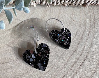 Handmade black and silver glitter heart resin earrings- Hoop OR ear wires!