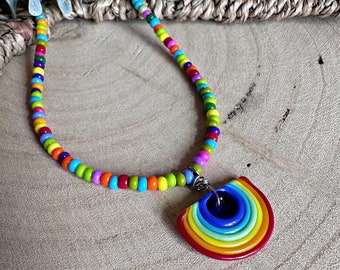 Handmade Murano glass charm rainbow beaded necklace