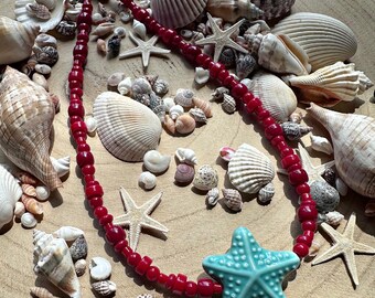 Handmade beach bright chunky ceramic starfish charm beaded necklace