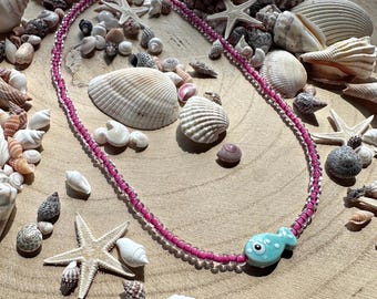 Handmade beach bright blue fish charm beaded necklace