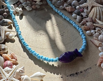 Handmade beach bright purple fish charm beaded necklace