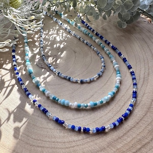 Handmade summer blue beaded necklace