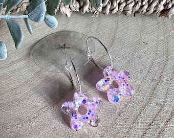 Handmade baby pink glitter daisy resin earrings- Hoop OR ear wires!