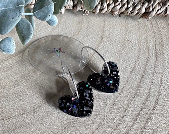 Handmade black and silver glitter heart resin earrings- Hoop OR ear wires!