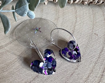 Handmade purple and silver glitter heart resin earrings- Hoop OR ear wires!