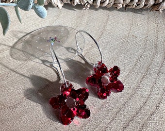 Handmade red glitter daisy resin earrings- Hoop OR ear wires!