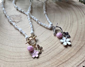 Handmade front fastening beaded charm necklace